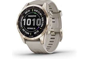 Garmin fenix 7S Sapphire Solar, Smaller adventure smartwatch, with Solar Charging Capabilities, Rugged watch with GPS, touchscreen, wellness features, cream gold titanium with light sand band