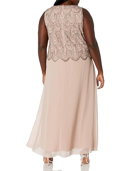 J KARA WOMEN’S PLUS SIZE SLEEVELESS BEADED POP OVER DRESS WITH SCARF, BLUSH/MERCURY, 20W