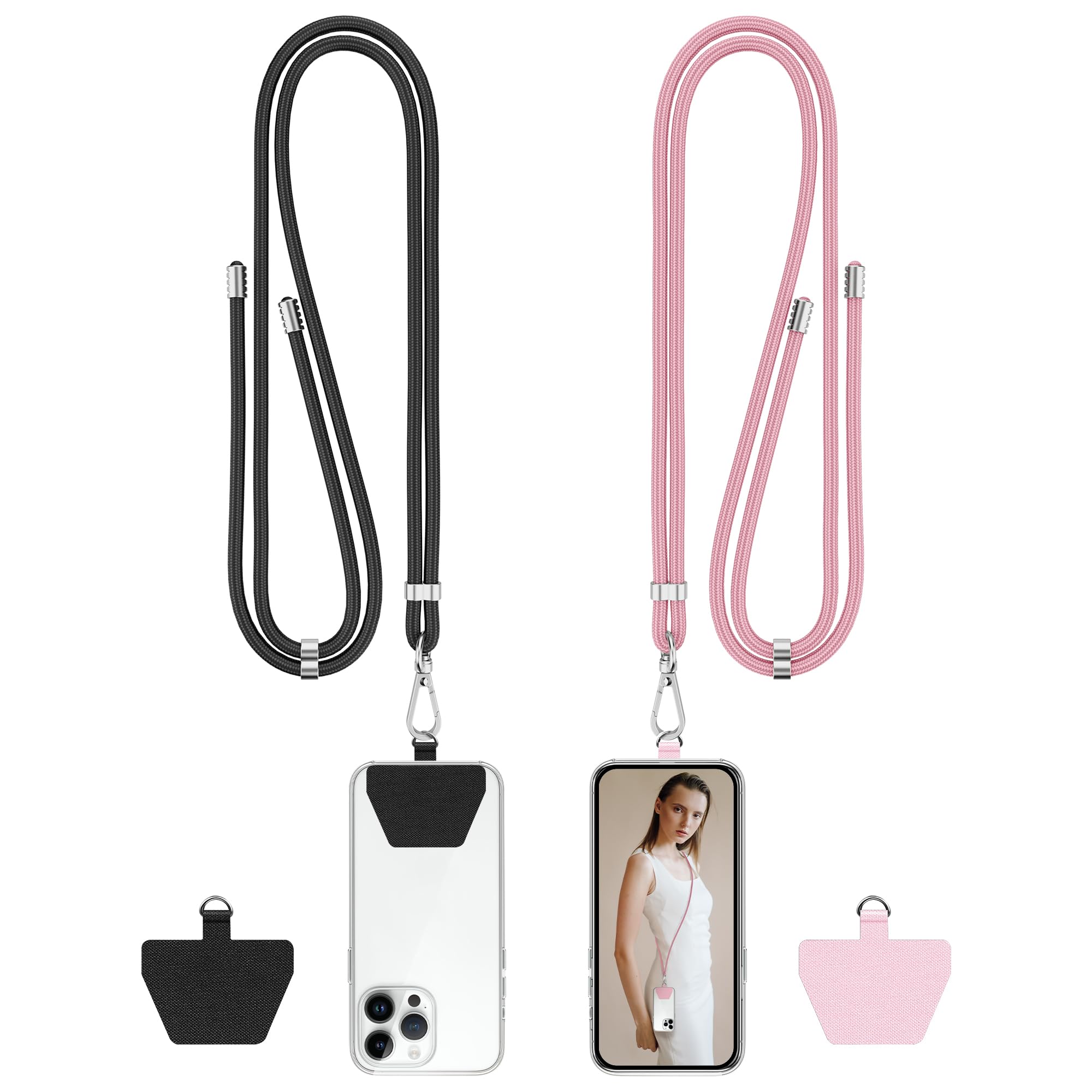 COCASES Crossbody Phone Lanyard Strap with Patch, Adjustable Nylon Neck Strap Necklace Phone Compatible with Most Smartphones (Black & Pink)
