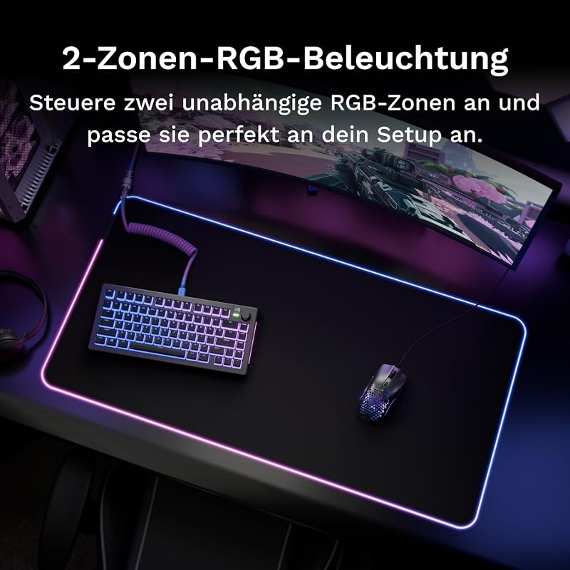 Gaming Musmatta GMP 2 GLED Large Extended – 2-Zones RGB-belysning, InfiniGlow sömlös Kant, Premium tygyta, Halkfri gummibas – 915 mm×280 mm×3 mm – extra stor skrivbordsmatta