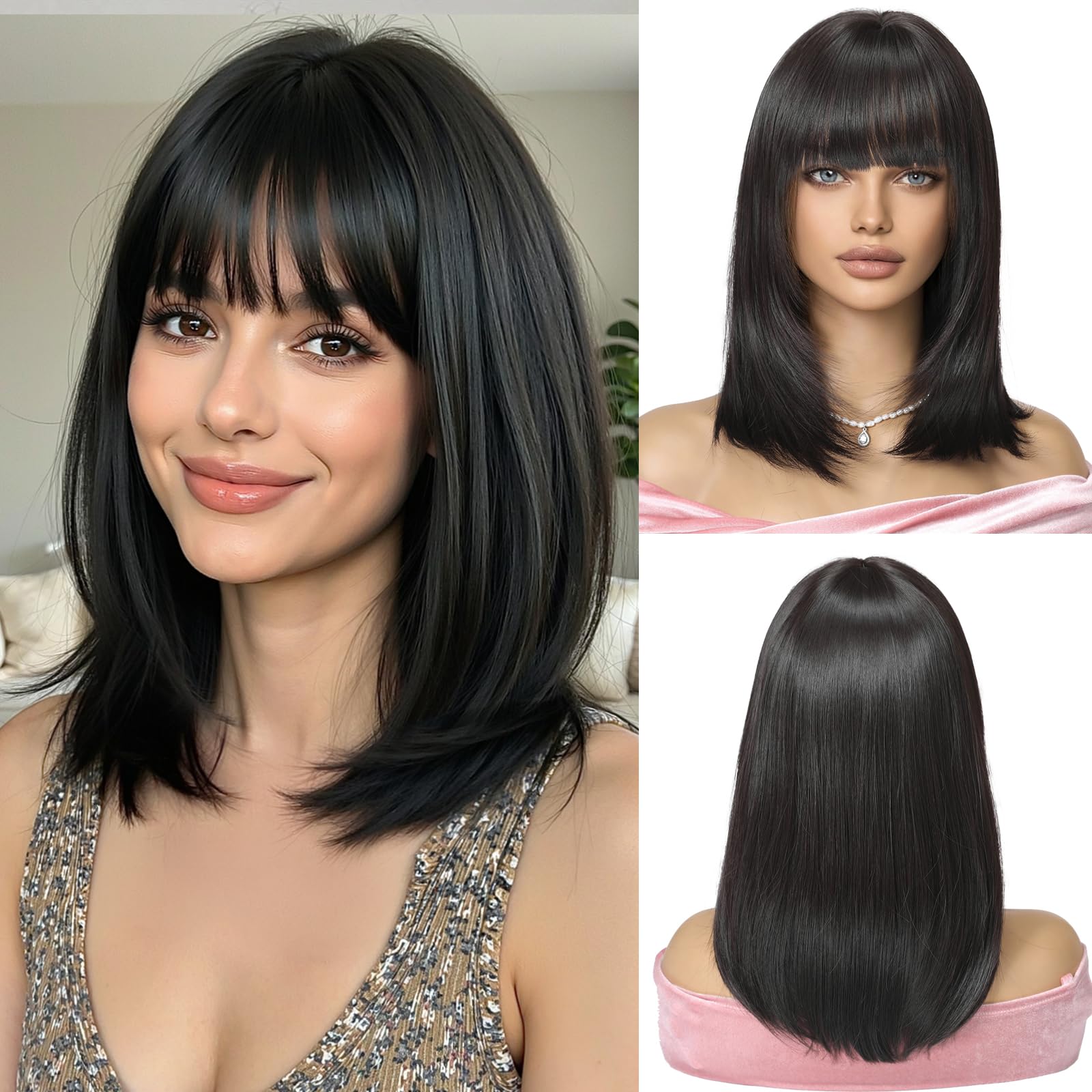 OUFEI Black Bob Wig With Bangs Short Straight Wig For Women Synthetic Hair Wigs for Daily Party Cosplay Wear