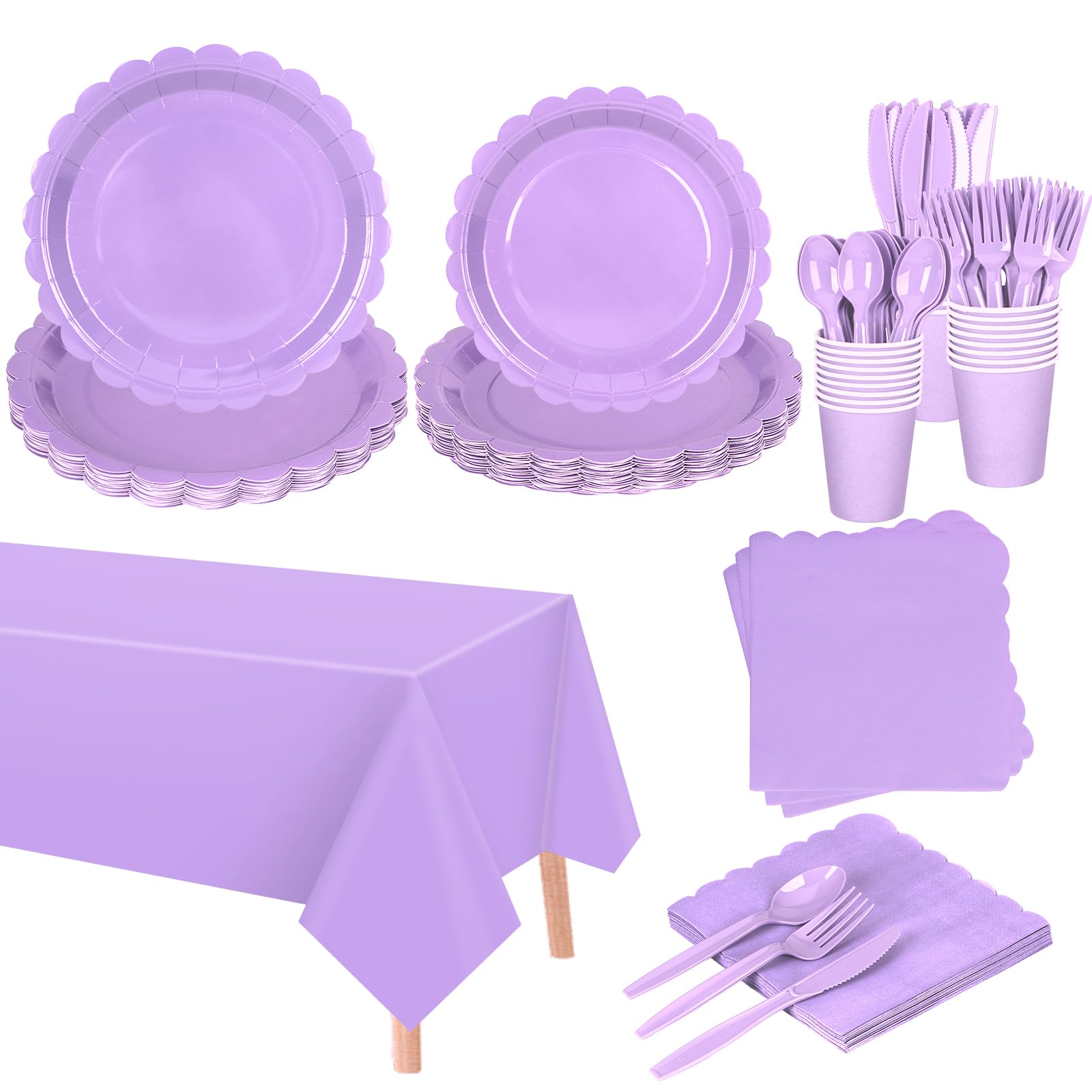 Photo 1 of 176 Pieces Purple Paper Plates and Napkins, Light Purple Party Supplies Include Lavender Scalloped Plates Napkins Cup Plastic Tablecloth Spoon Fork Knives for Birthday Wedding Baby Shower