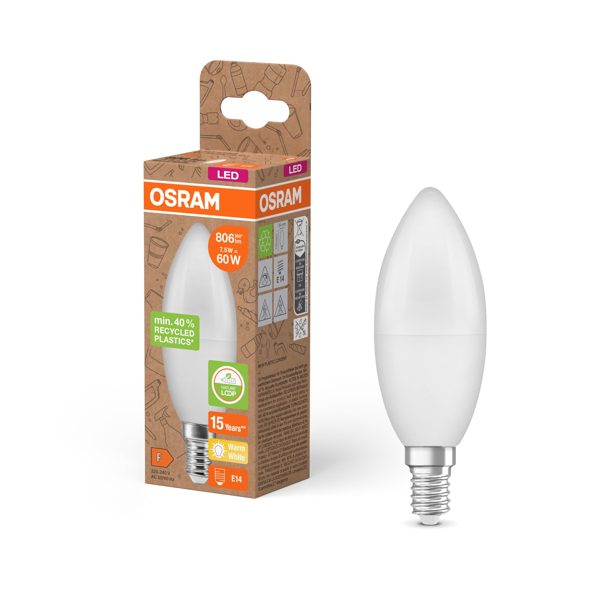 OSRAM LED Star Classic P 60 FR LED lamp, E14, Classic mini Ball Shape, White, 7.5W, 806lm, 4000K, Cold White Light, Very Low Energy Consumption, with Recycled Plastic