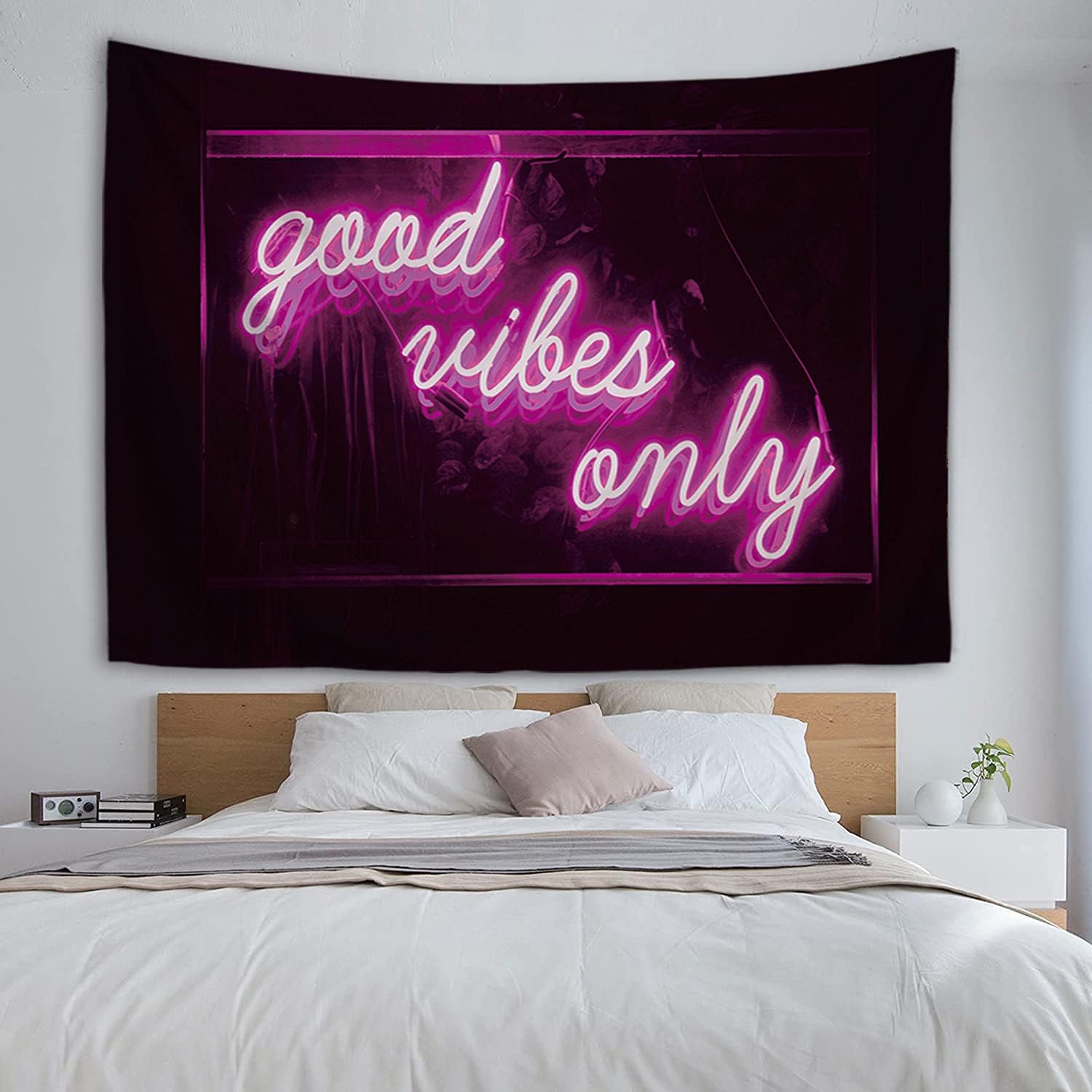 Tapestries - HuxtleEssentials Decorative Wall Tapestry, Good Vibes Only Words in Neon Light for Bedroom Living Room Outdoor 50 X 60 Inches