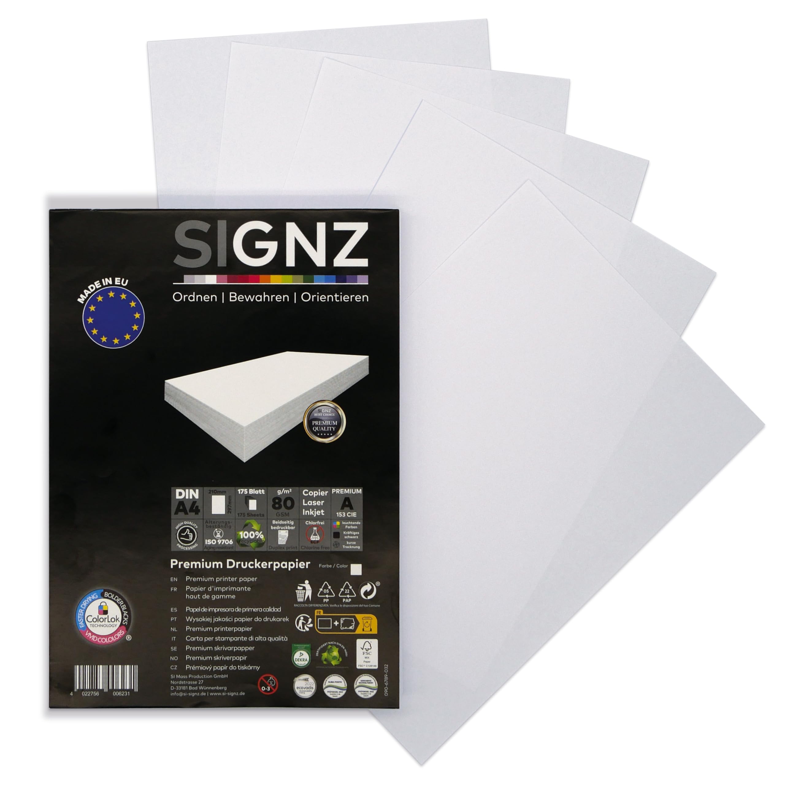 SIGNZ Copier Paper, DIN A4, White, 80 g, 175 Sheets, Printer Paper for Home & Office, FSC Mix 70%
