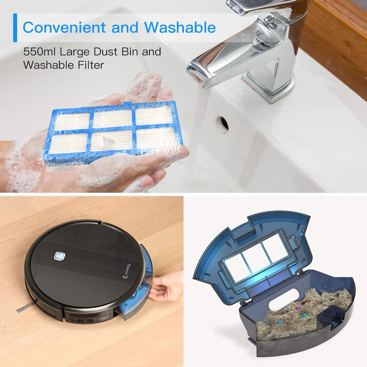 Coredy Robot Vacuum Cleaner, 1700Pa Strong Suction, Super Thin Robotic Vacuum, Multiple Cleaning Modes/Automatic Self-Charging Robot Vacuum for Pet Hair, Hard Floor to Medium-Pile Carpets -