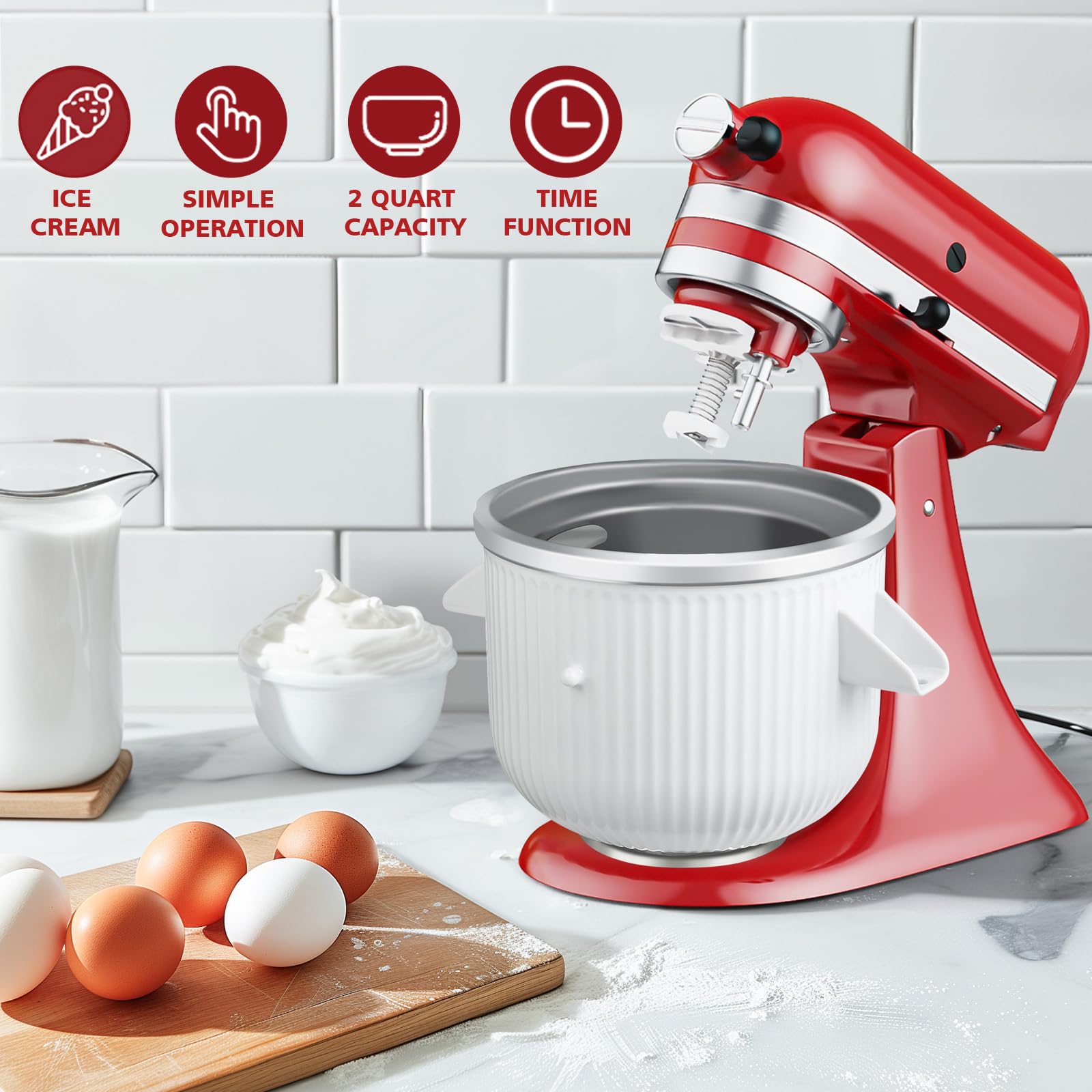Ice Cream Attachment for KitchenAid Stand Mixer,Fits 4.5-5Qt Tilt-Head/6-7Qt Bowl-Lift Stand Mixers, 2-Quart Frozen Kitchenaid Ice Cream Maker Attachment, Ice Cream & Sorbet Gelato Maker by KassunKoch