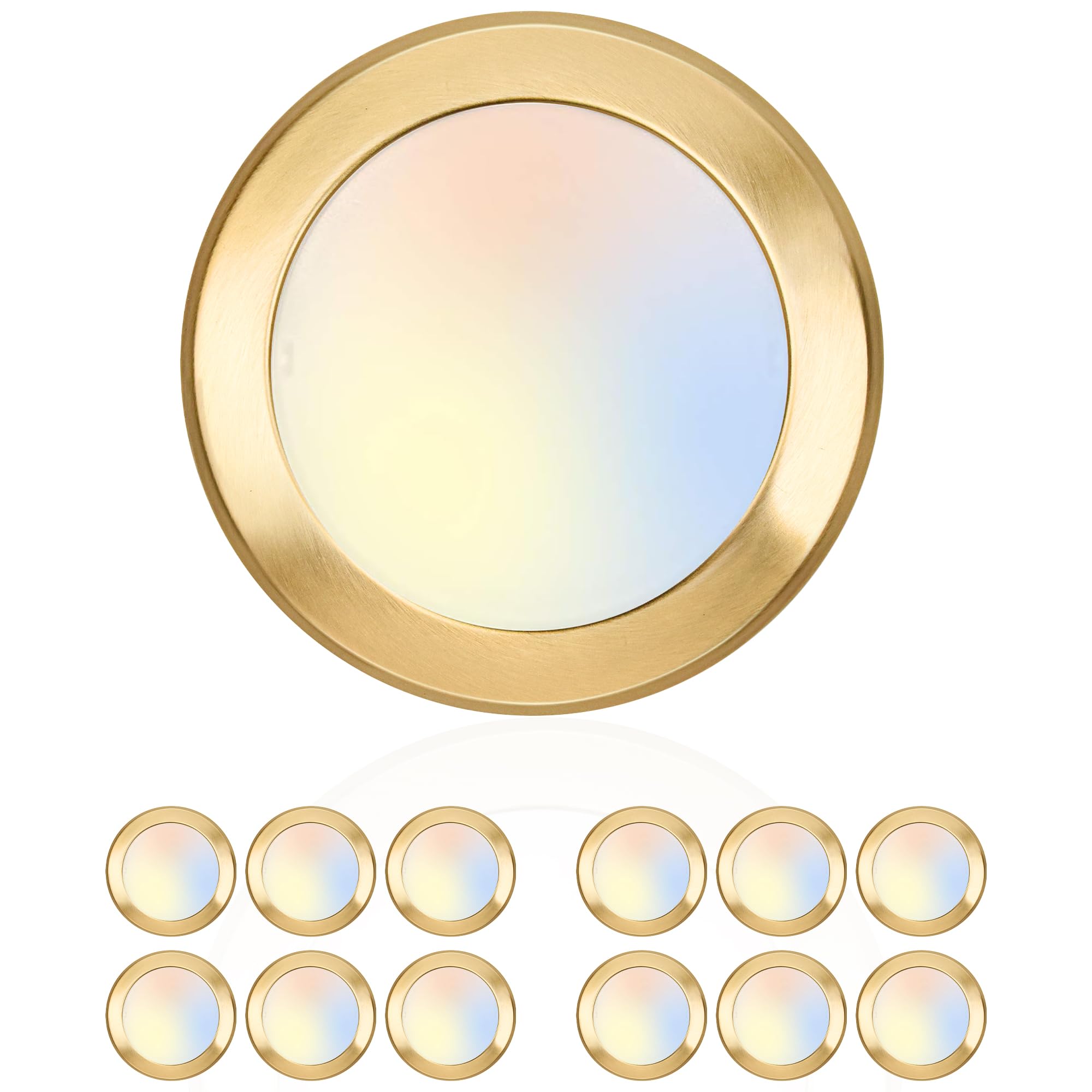 Photo 1 of hykolity 5/6 Inch Selectable CCT LED Disk Light Flush Mount, 3000K/4000K/5000K, Dimmable Recessed Retrofit Ceiling Light, CRI90, 1050lm, 15W, Installs Into Junction Box or Recessed Can, Gold, 12 Pack