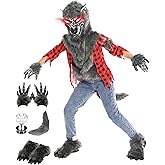 Nalmits Werewolf Costume for Boys, Wolf Suits with Light Up Red Eyes Mask, Gloves, Shoes, Tail, Fangs Dress up for Kids