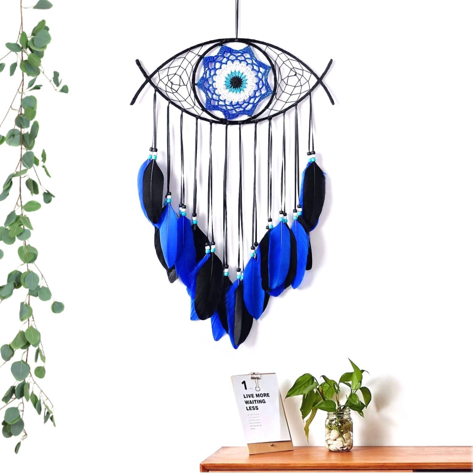 JZK Evil Eye black dream catcher, blue feather dream catcher with beads for bedroom decoration, wall hanging ornament, Gothic gift, devil eye macrame dreamcatcher