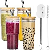 ALINK 4-Pack Glass Cups with Bamboo Lids and Straws, 24 OZ Mason Jar Glass Tumbler, Reusable Boba Cups, Iced Coffee Drinking Glasses for Bubble Tea, Smoothies, Juice - 2 Cleaning Brush