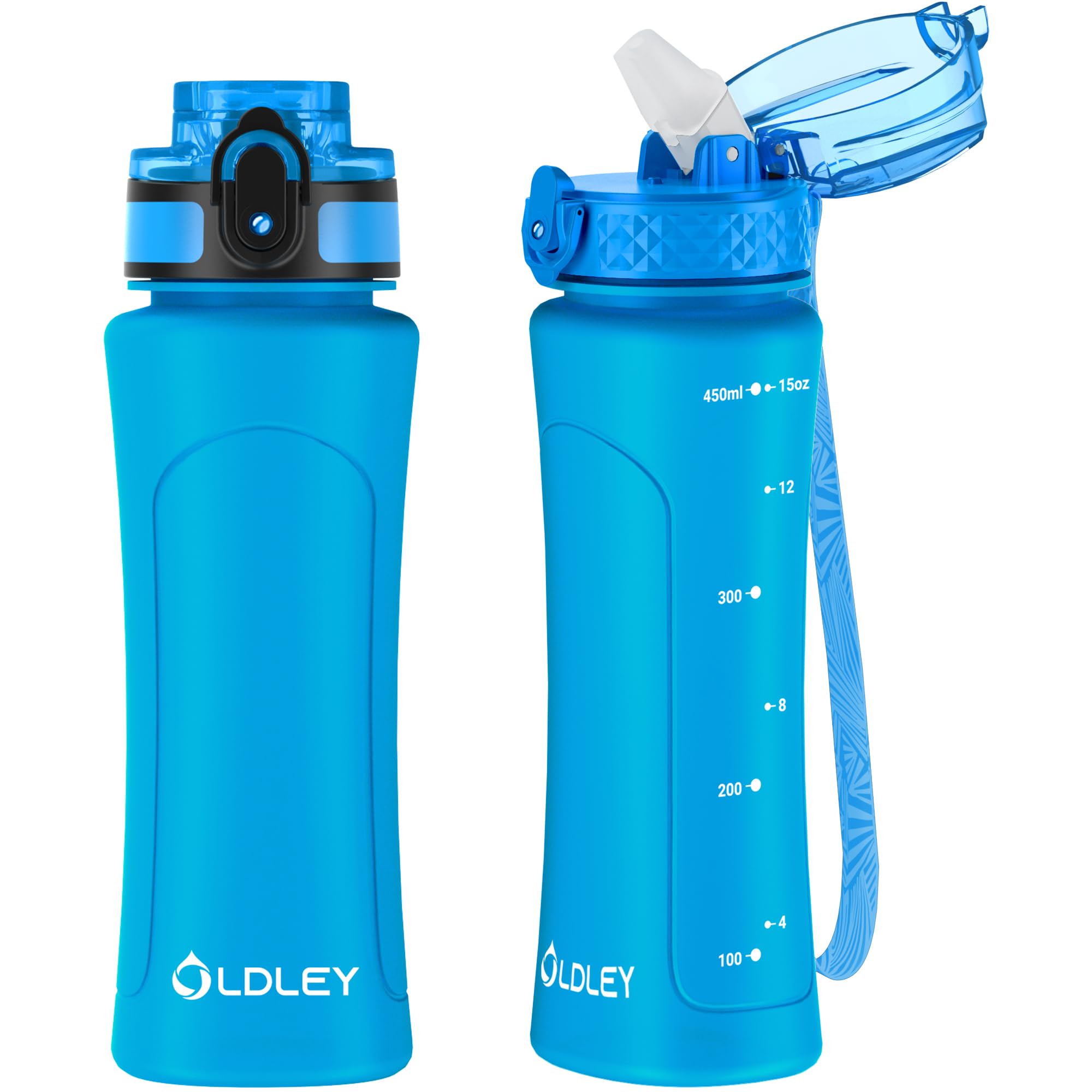 OLDLEY 450ml/15oz Water Bottle with Straw 2 Lids Reusable Drink Bottles with Times Markings for School Home Camping Outdoor Sports BPA Free Leakproof Durable — image 1