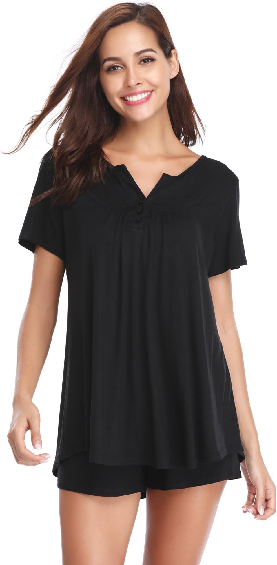 Short Pajamas Set for Women, V-Neck Loungewear Short Sleeved Cotton PJ Set Nightwear Sleepwear for Summer