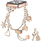 YouthRun Bling Band Compatible with Apple Watch 40mm 41mm 38mm, Metal Jewelry Watch Strap for Series SE 9 8 7 6 5 4 3 2 1 Interchangeable Charms Dressy Bracelet for Women (Rose Gold)