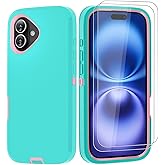 PQC for iPhone 16 Case 6.1" with 2 Screen Protector Protector-Heavy Duty Shockproof Military Grade Drop Protective Dust-Proof 360° Protection Cover (Light Blue Pink)