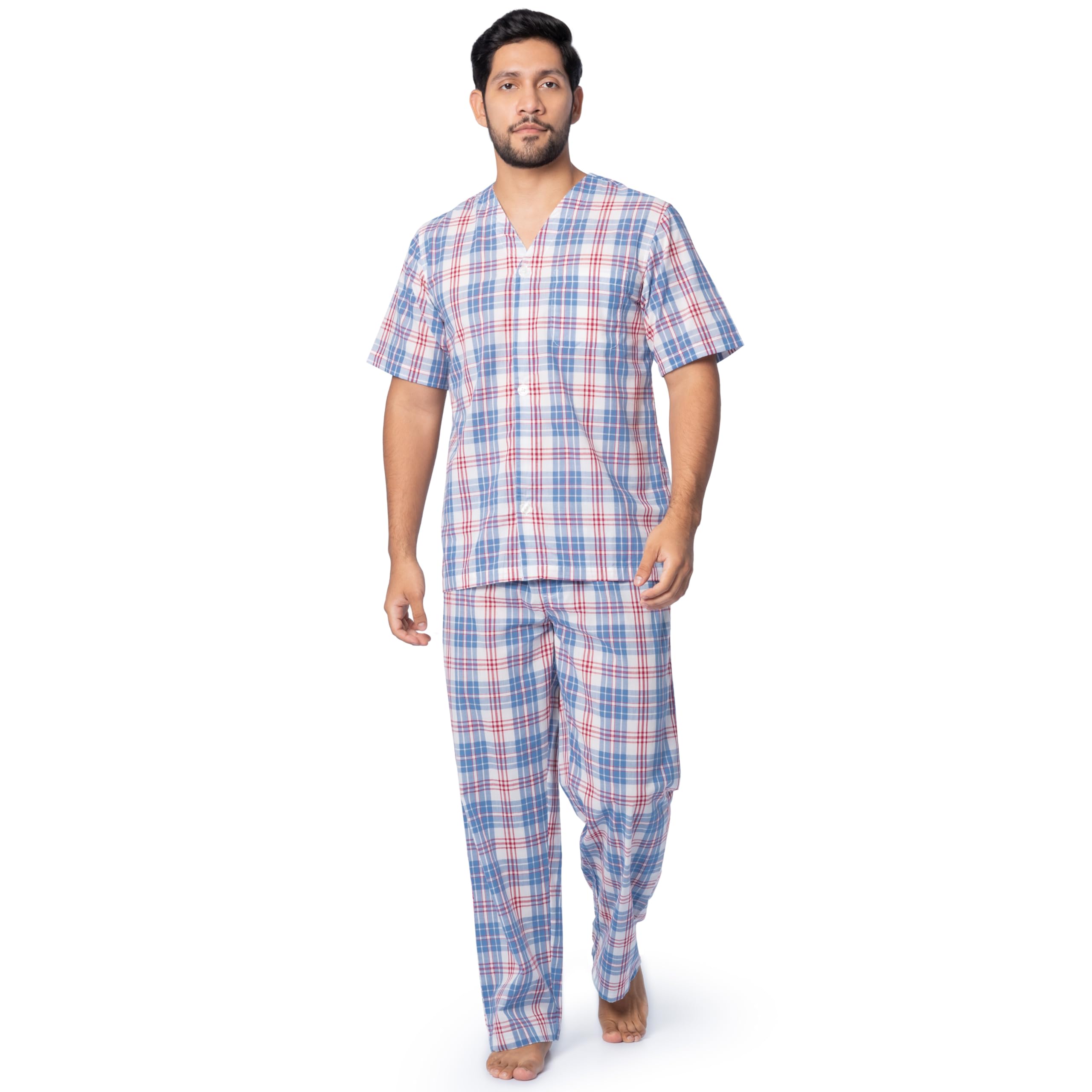 Fruit of the Loom Men's Broadcloth Short Sleeve Top and Long Pants Pajama Set, Ivory/Blue/Red Plaid, 2X Image