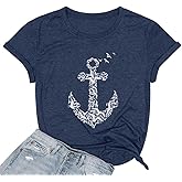 Nautical Anchor T-Shirt Womens Captain Sailboat Shirt Cruise Shirts Summer Navy Sailor Vacation Tee Tops