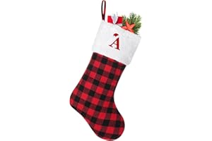 YOIRRAT 20 inches Large Initial Monogram Christmas Stocking Red Black Buffalo Plaid Personalized Christmas Stockings with Embroidered Letters Initial Christmas Stockings for Xmas Holiday Fireplace Decor (A)