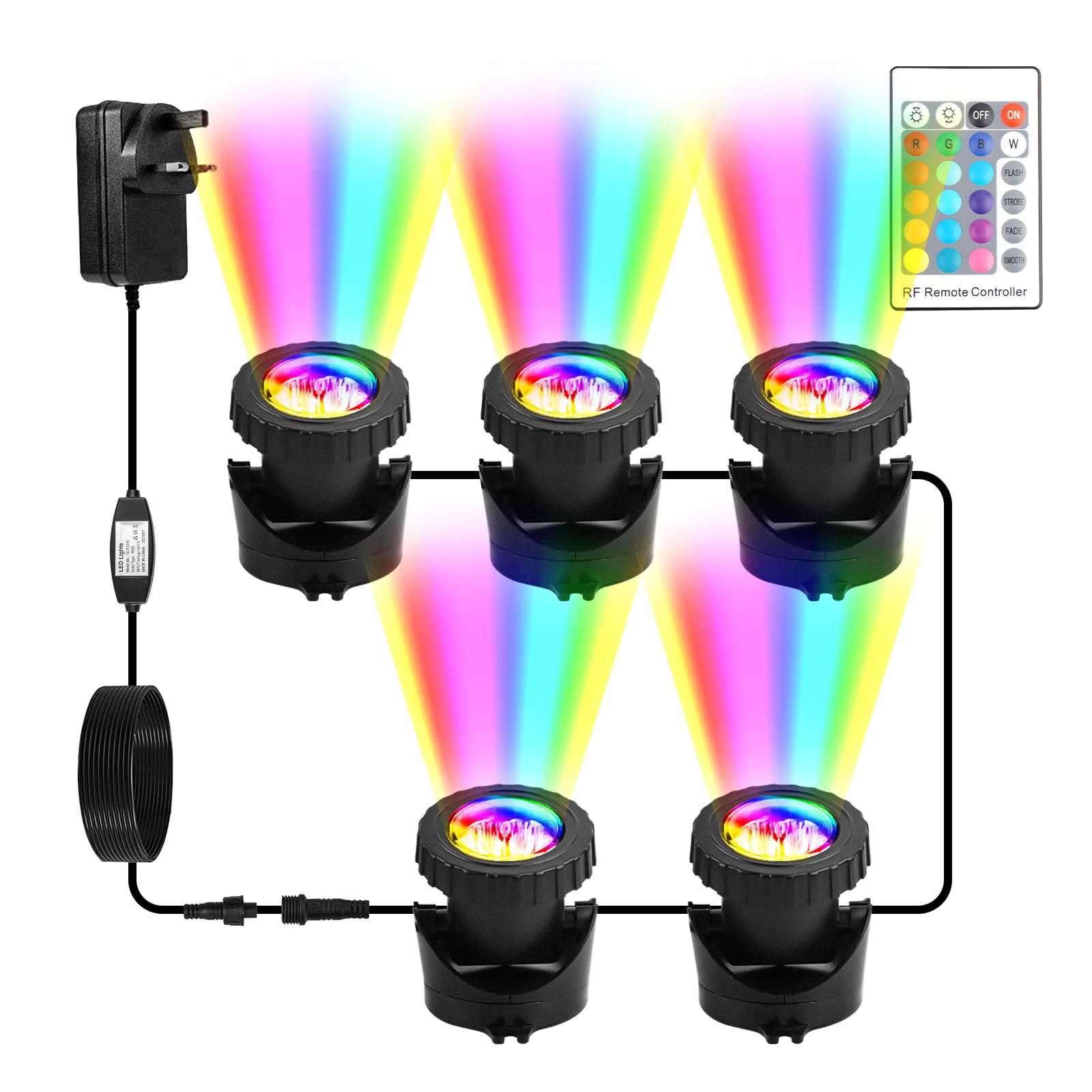 CORESLUX Pond Lights Mains Powered, 5-in-1 Underwater RGB Aquarium Lights with Remote Control, IP68 Multicoloured, Submersible, for Aquarium, Garden, Yard, Pool, Fountain.