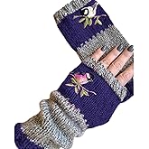 FOOMER Warm Patchwork Embroidered Fingerless Gloves with Vintage Knitted Design and Bird Embroidery