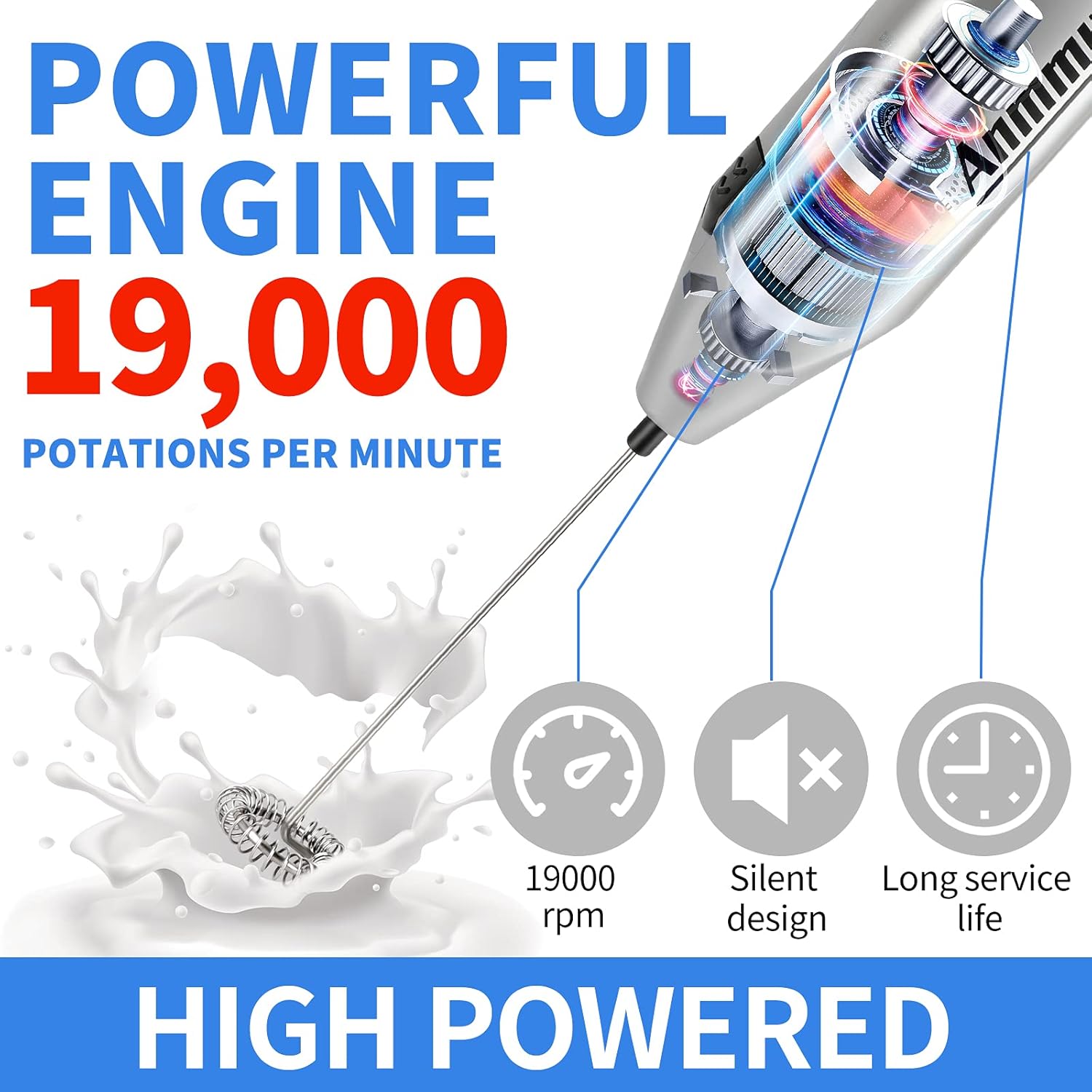 Anmmy Milk Frother quiet Hand held Frother Whisk, high powered Mini Blender For Coffee, Latte, Mocha, Matcha, Cappuccino, Hot Chocolate, Smoothie And Much More, electric foam maker mixer blender: Kitchen & Dining