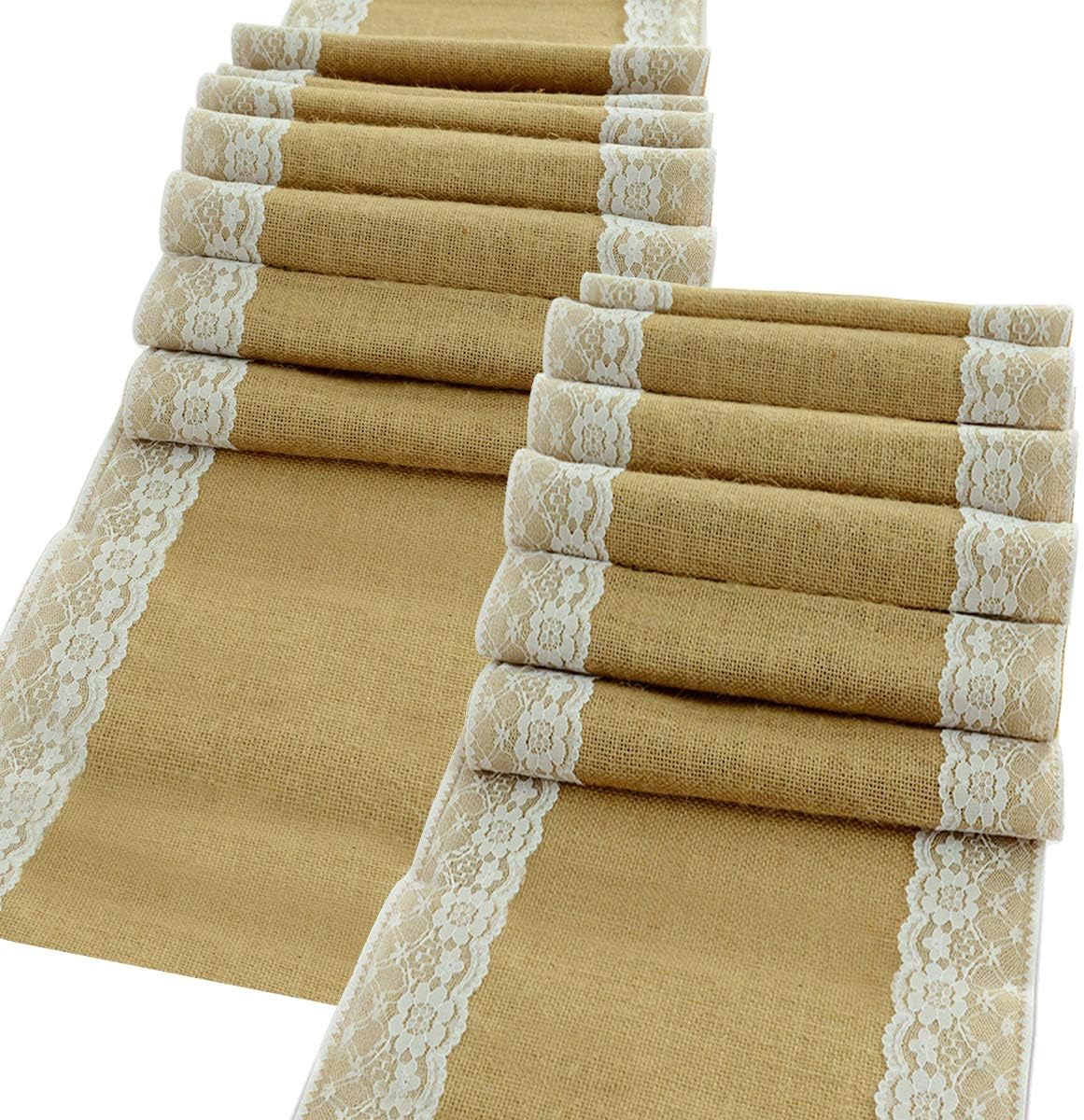 kingleder 2 Pack 12" x 108" Burlap Table Runner White Lace Trim Jute for Thanksgiving Table Decorations Country Rustic Wedding Party Decorations