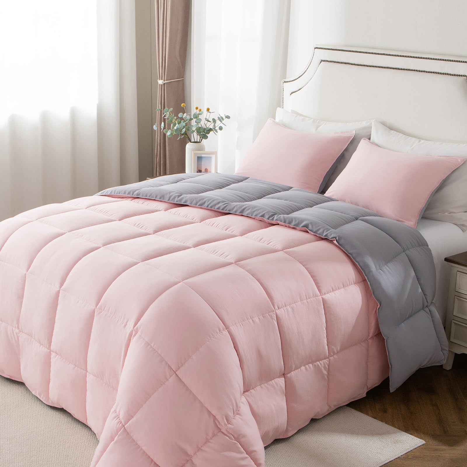 Photo 1 of KASENTEX Queen Comforter Set – Reversible Dual Color – Goose Down Alternative – Ultra-Soft, Lightweight, Machine Washable, Maintain Fluffiness, All Season Warmth (Pink Potpourri/Quartz Silver)
