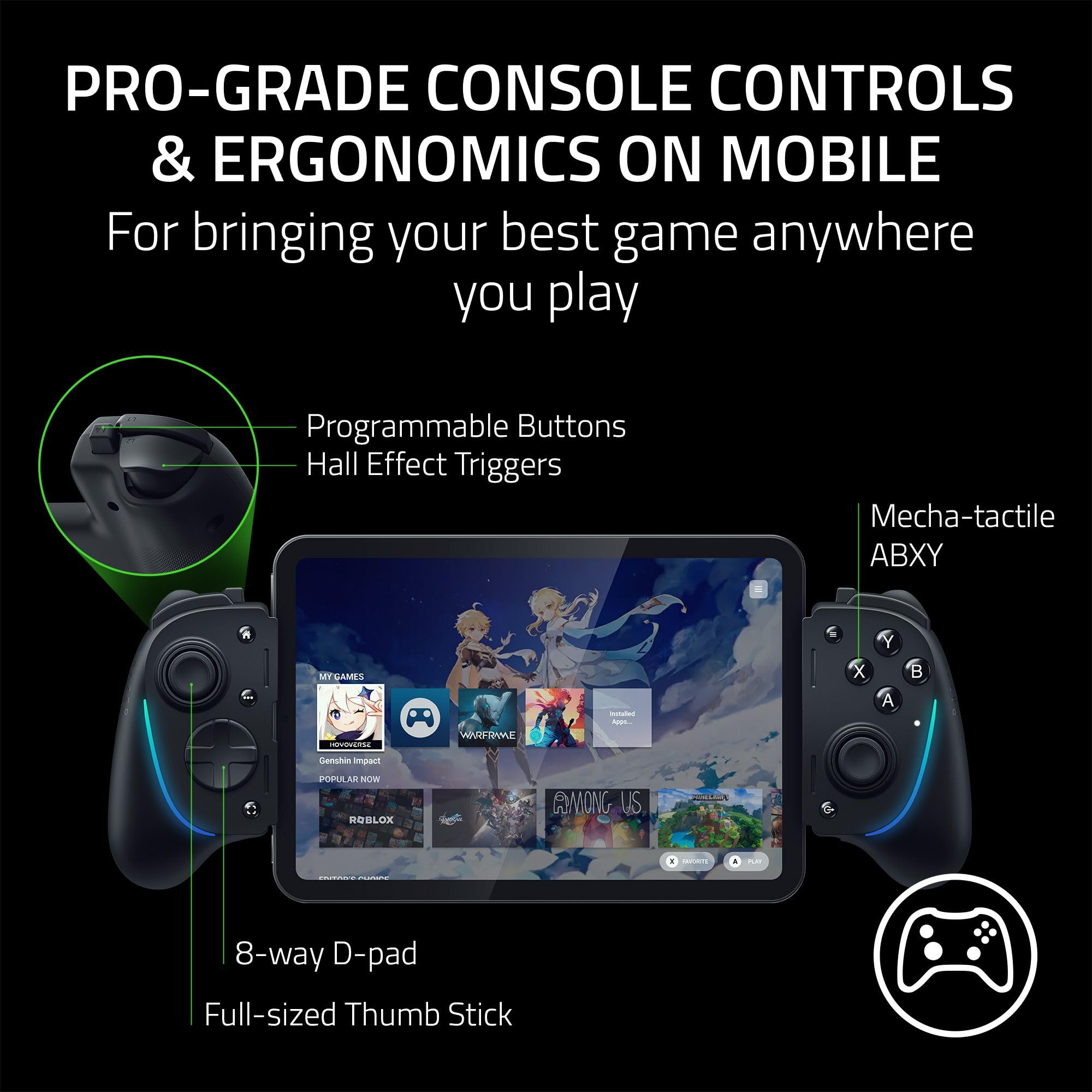 Razer Kishi Ultra Gaming Controller for Android, iPhone 15 & 16 Series, iPad Mini A17 Pro & 6 (USB C): Pro Controls - Ergonomic Grip - Stream PC, Xbox, PS5 Games on Mobile, Phone, Tablet - Chroma RGB