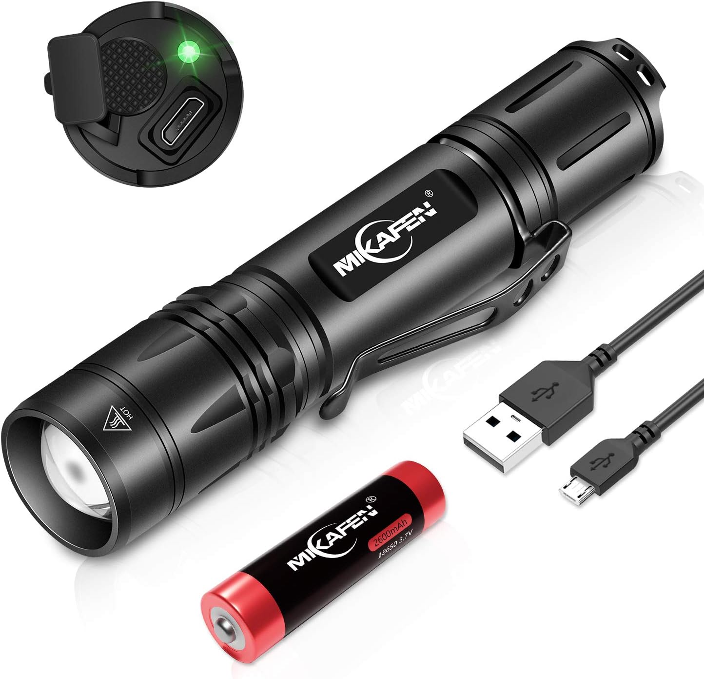 MIKAFEN Rechargeable LED Flashlight 1200 Lumens, IP7 Waterproof, 3 Modes, High Lumen Tactical Flashlight (18650 Battery Include) - - 