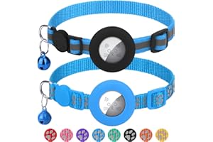 Erbine 2 Pack Airtag Cat Collars, Reflective Cat Collar with Silicone Airtag Holder and Bell, Breakaway Cat Collars with Round Safety Buckle for Boy and Girl Cats, Adjustable for 7.5-12.5", SkyBlue
