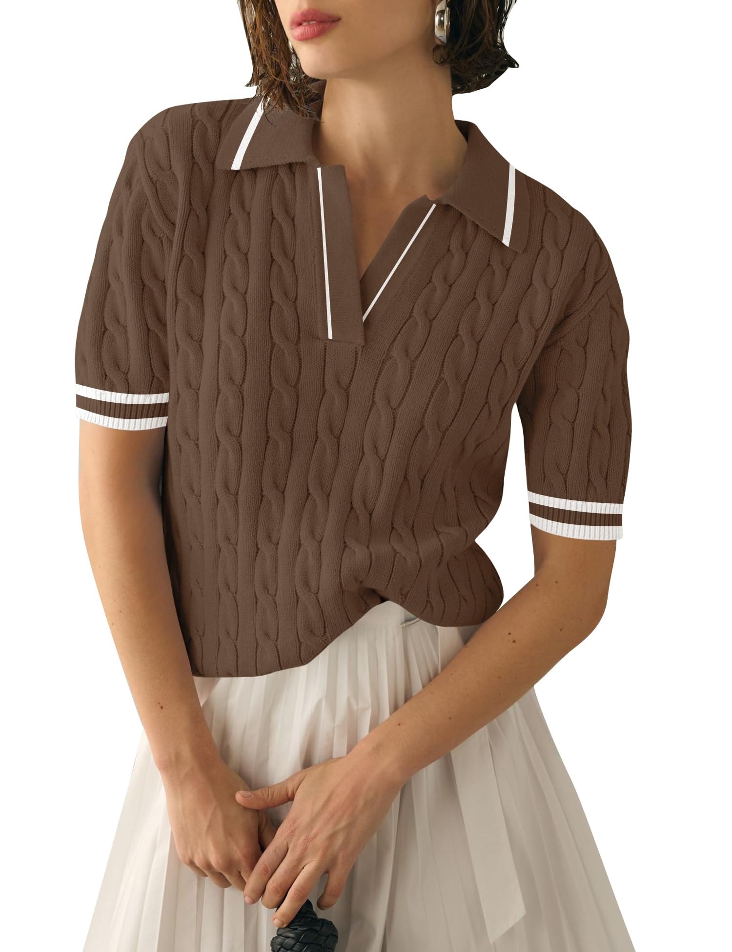 Photo 1 of Micoson Womens Tops Dressy Casual V Neck Short Sleeve Sweaters Cable Knit Shirt for Women Work(Brown White,L)