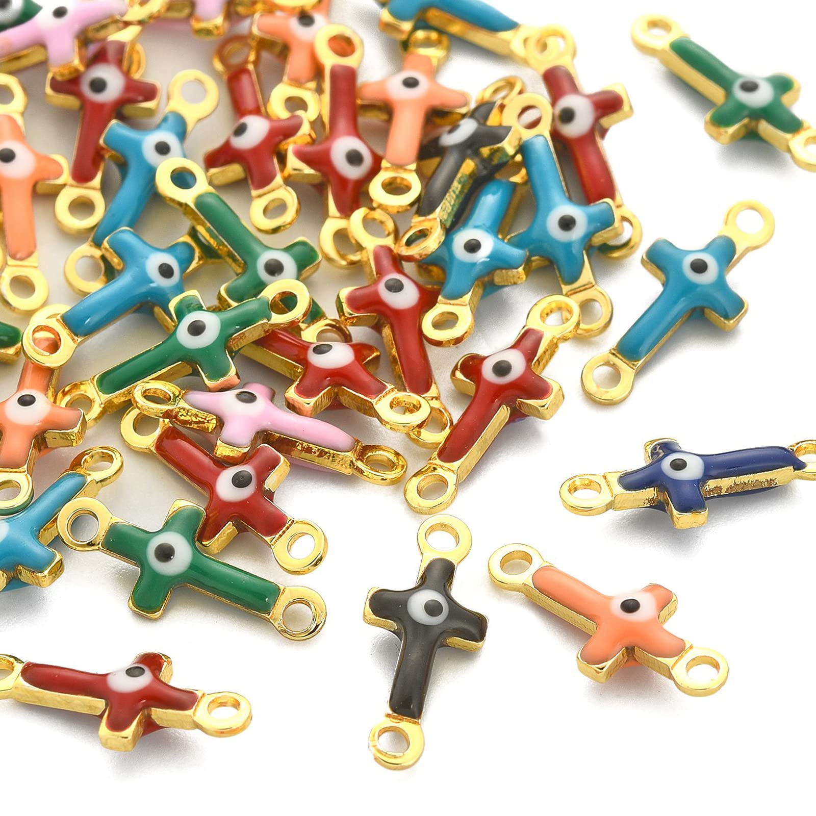 Stiesy 50Pcs Random Color Enamel Cross Charms Pendants Cross with Evil Eye Charms Crucifix Dangle Charms for DIY Crafts Bracelet Jewelry Making