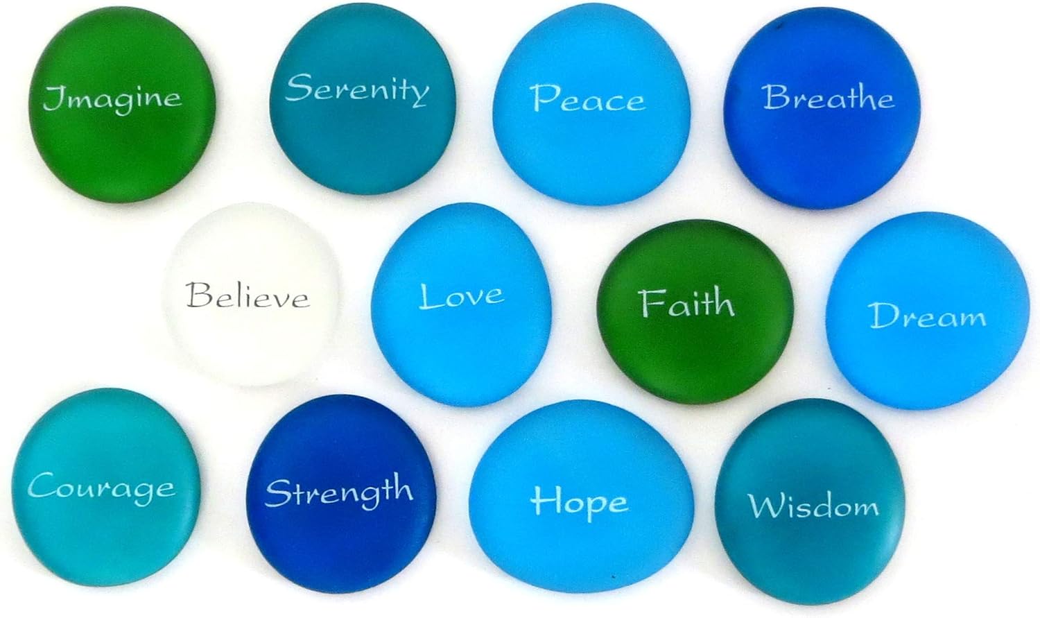 Indoor Fountains & Accessories - The Mermaid's Message, Frosted Inspirational Sea Glass Stones, Assorted, Twelve Empowering Words in Beach Colors, by Lifeforce Glass.