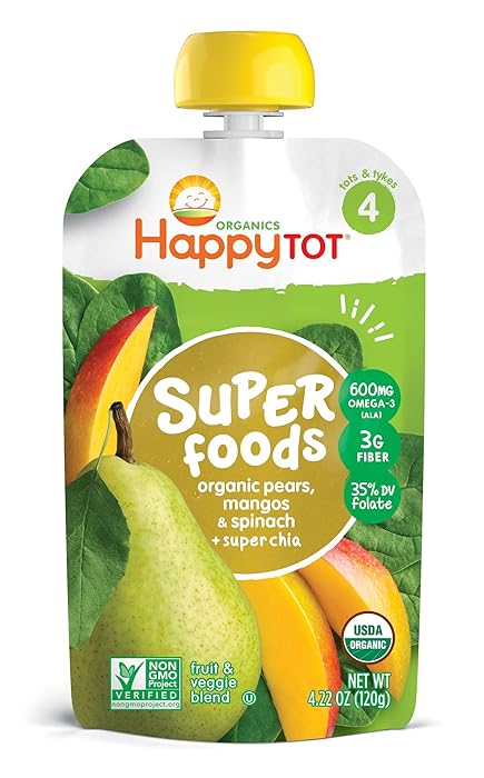 Happy Tot Superfoods Stage 4 Organic Toddler Food Pear Mango Spinach, 4.22 Ounce Pouch (Packaging May Vary)