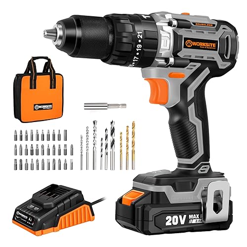 WORKSITE Drill Brushless, Power Drill Driver, Drill Bit Set with