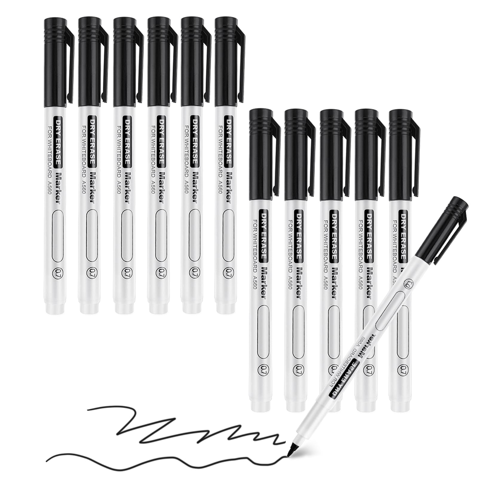 Sibba Black Dry Erase Markers Ultra Fine Tip, Pack of 12, 0.7mm, White Board Markers for Office,Home,or Planning Dry Erase Board