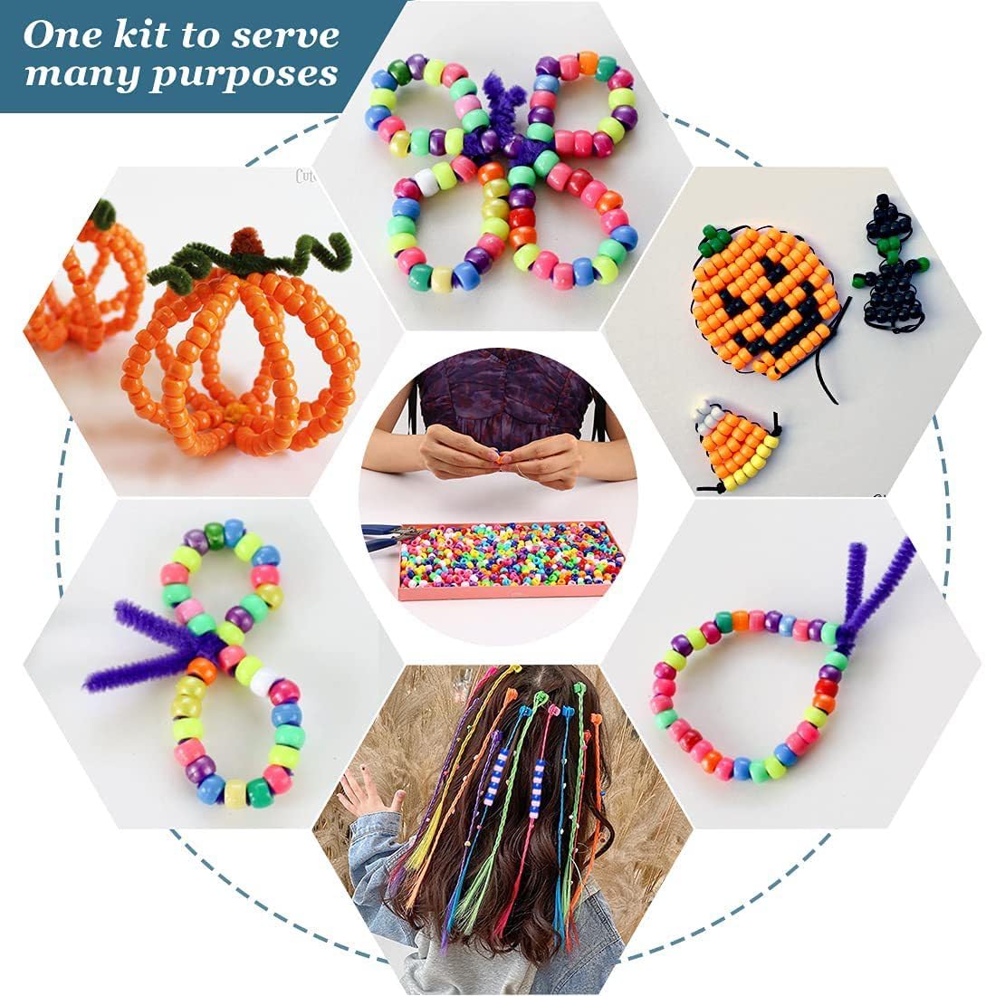2000+ Pony Bead Bulk 6x9mm Multi-Colored Plastic Craft Beads Set, Bulk Hair Beads 10 Assorted Colors for DIY Crafting Jewelry Making Bracelets