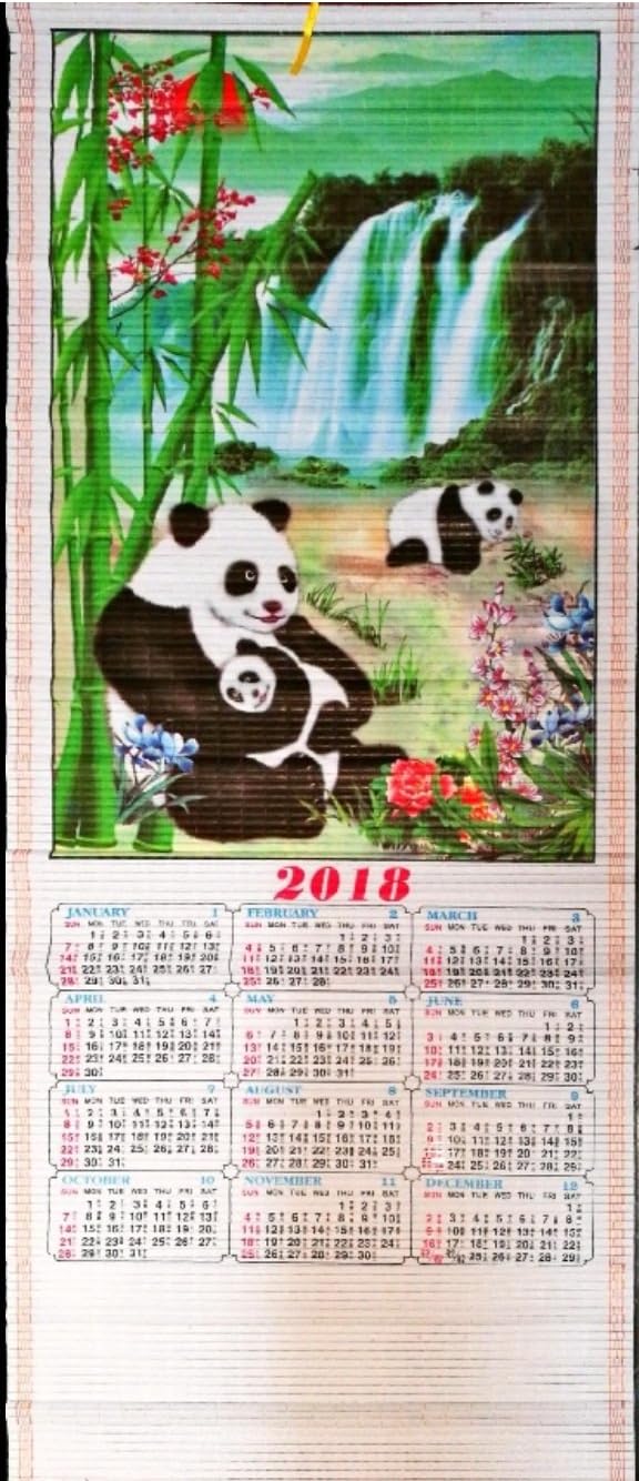 2018 Chinese Calendar For Year Of the Dog-"Panda Family and Water Fall Bring Good Luck" -Measure: 30" x 12 1/4" From Top to Bottom