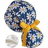 Scrub Caps Women Satin Lined Ponytail, Blue Daisy Floral Adjustable Scrub Hats Women with Buttons and Sweatbands, Practical Ponytail Holder Design with Bow Ribbon Soft Smooth