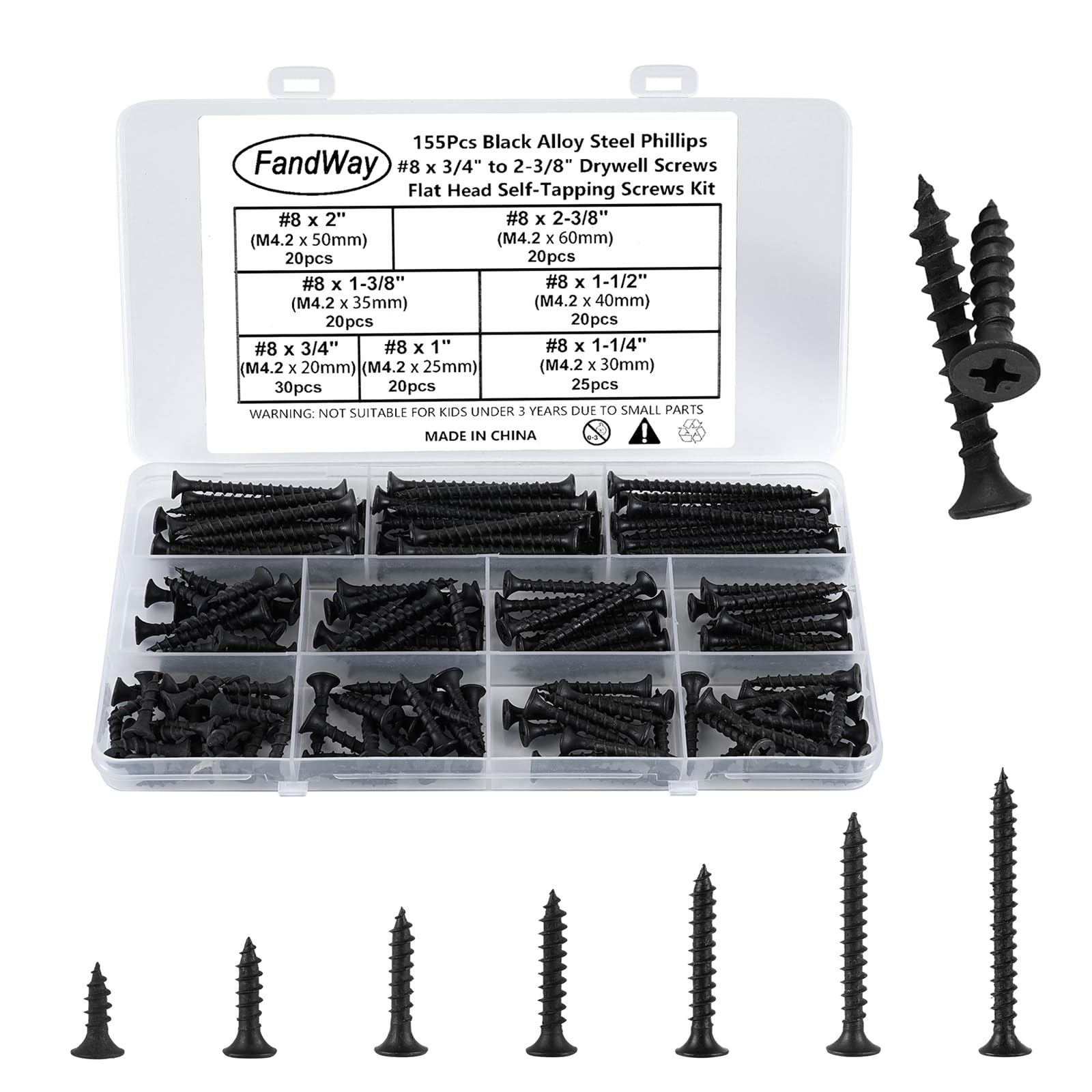 FandWay 155Pcs Drywall Screws Set,M4.2 Wood Screws Black,Flat Head Self Tapping Screw,Countersunk Head Self Drilling Sheet Metal Screw Phillips Drive for Soft Steel/Aluminum/Wood/Plastics.