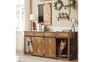 EDYO LIVING 72.5" Large Dog Crate Furniture for 2 Dogs, Wooden Dog Kennel with Drawers, Divider, Sliding Barn Door, Water Resistant Indoor Furniture Style Double Dog Crates, Rustic Oak