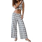 ROAONOCOMO Women Ruffle 2 Piece Lounge Set Striped Flowy Babydoll Tank Top Gingham Pants Outfit Floral Pajama Set