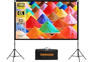 Projector Screen and Stand, Towond 100 inch Portable Movie Screen Indoor Outdoor 16:9 HD Front Rear Projection Screen with Carry Bag Wrinkle-Free and Foldable Polyester Fabric Design for Home Cinema