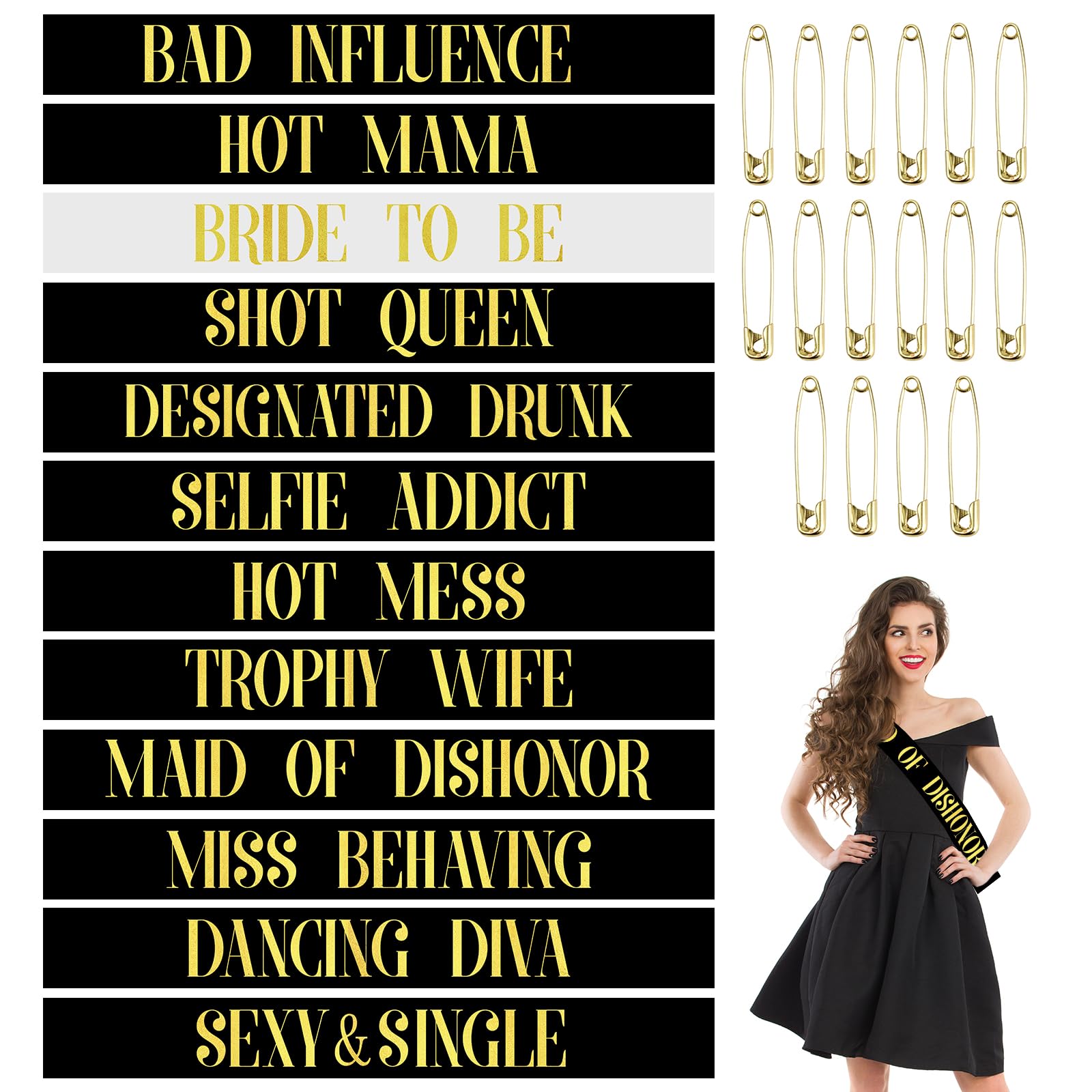 BLMHTWO 12 Pcs Bride to Be Sashes Set for women Team Bride Sash Set 11 Pcs Black Bridesmaid Sashes with 1 Pcs White Bride to Be Sashes for Hen Do Party Accessories Team Bridal Night Shower