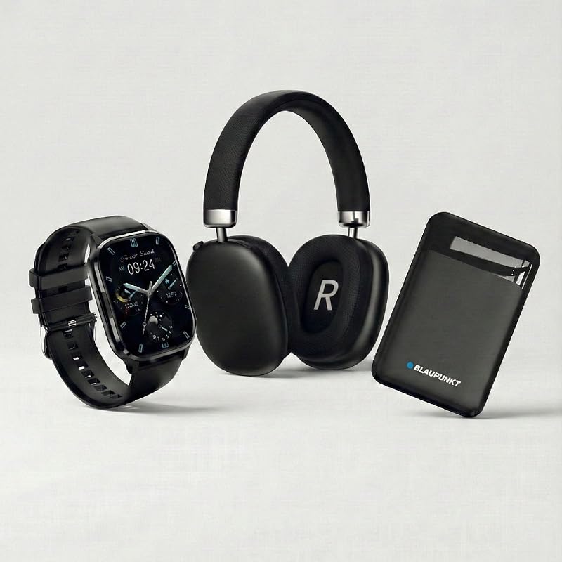 3-in-1 Set: Smartwatch Damen & Herren mit Bluetooth Anrufen + Over Ear Kopfhörer Bluetooth Noise Cancelling + Mini Powerbank 5000mAh USB-C Power Bank