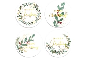 Whaline 1000Pcs Merry Christmas Gold Foil Stickers Roll Holly Berry Watercolor Seal Stickers Xmas Greenery Self-Adhesive Decals for Envelope Journal Party Decor, 4 Designs