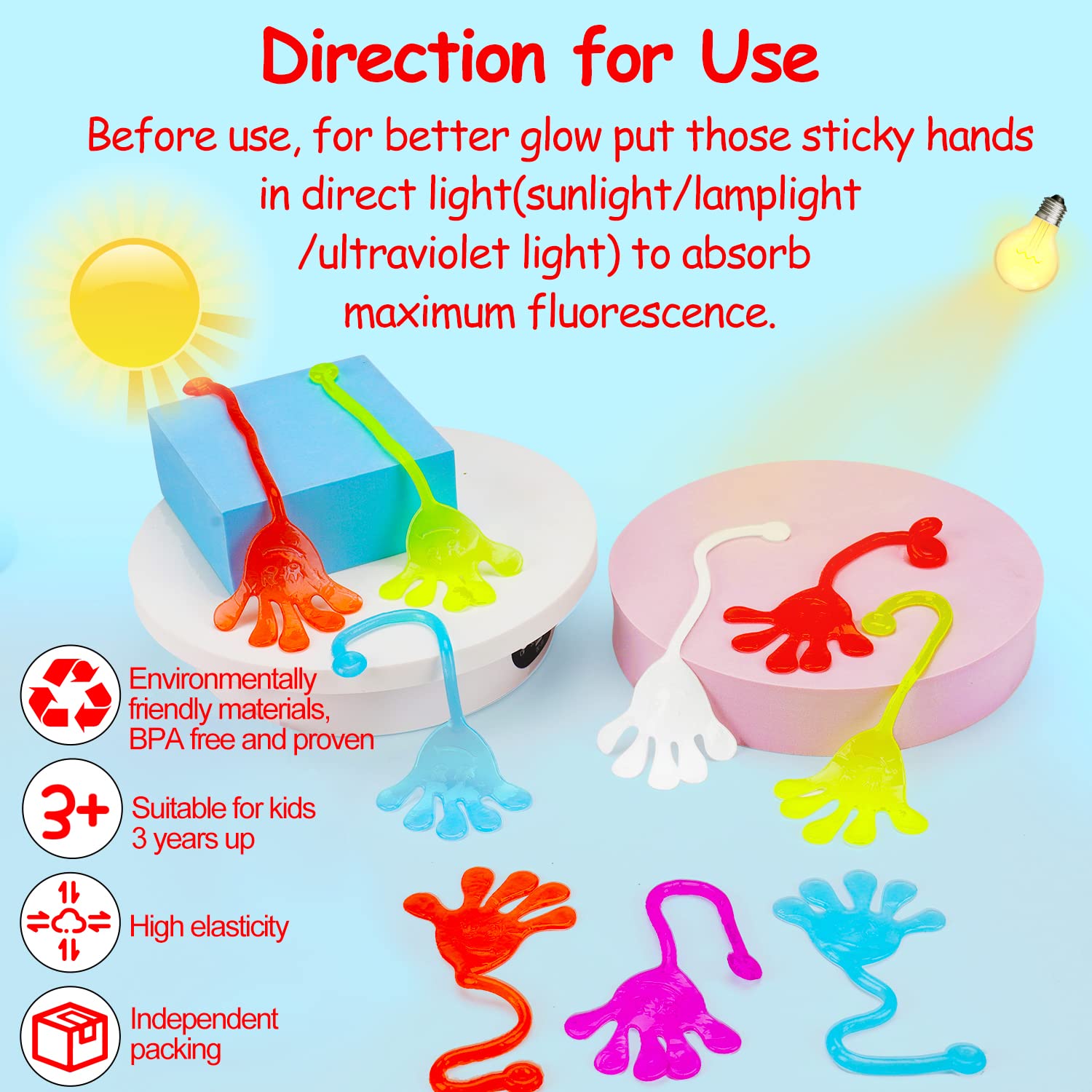 Thremhoo 40Pcs Glow in the Dark Sticky Hands Kids Party Favor Supplies Goodie Bag Stuffer Pinata Return Gift Stretchy Class Prize Carnival Sensory Goody Party Pinata Filler Treasure Box Bulk Toy