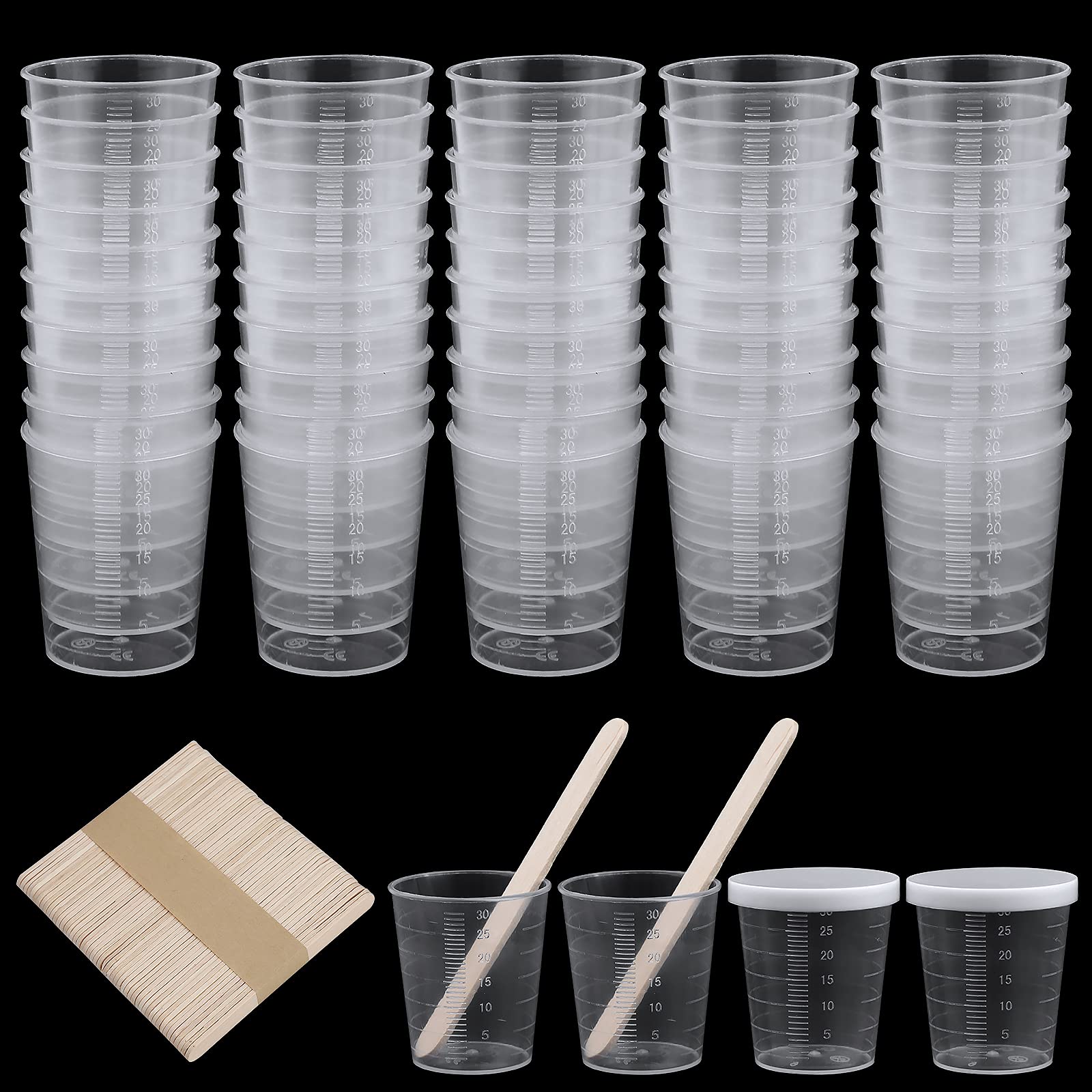 Transparent Scale Cups,50pcs 30ml Plastic Graduated Cups with Lids Plastic Mixing Cup Reusable Measuring Cups with 50 Pack Wooden Stirring Sticks for Kitchen Cooking DIY Painting Medication Handmade