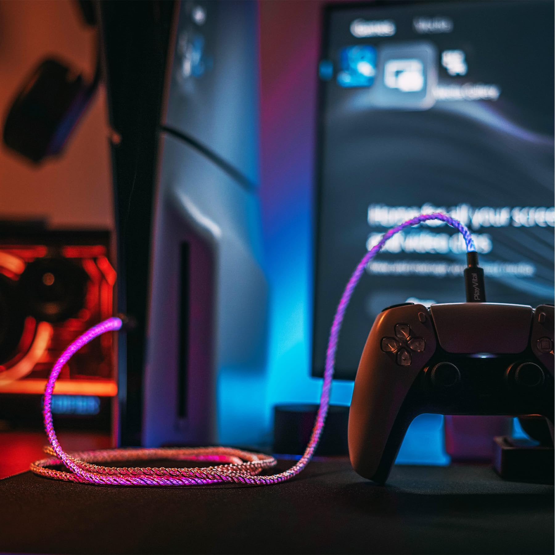 PlayVital 3.28 ft Illuminated Charging Cable for PS5 Edge Controller, Type C to C Charging Cable for Gamepad, Universal LED Light Data Cable for Xbox Core/Elite Series 2/Switch Pro Controller