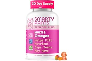 SmartyPants Teen Girl Multivitamin Gummies - Improved Formula: Omega 3 (DHA/EPA), Vitamin C, D3, B12, Vitamin A, K & Zinc, Biotin to Support Hair, Skin & Nails, Gluten Free, 60 Count (30 Day Supply)